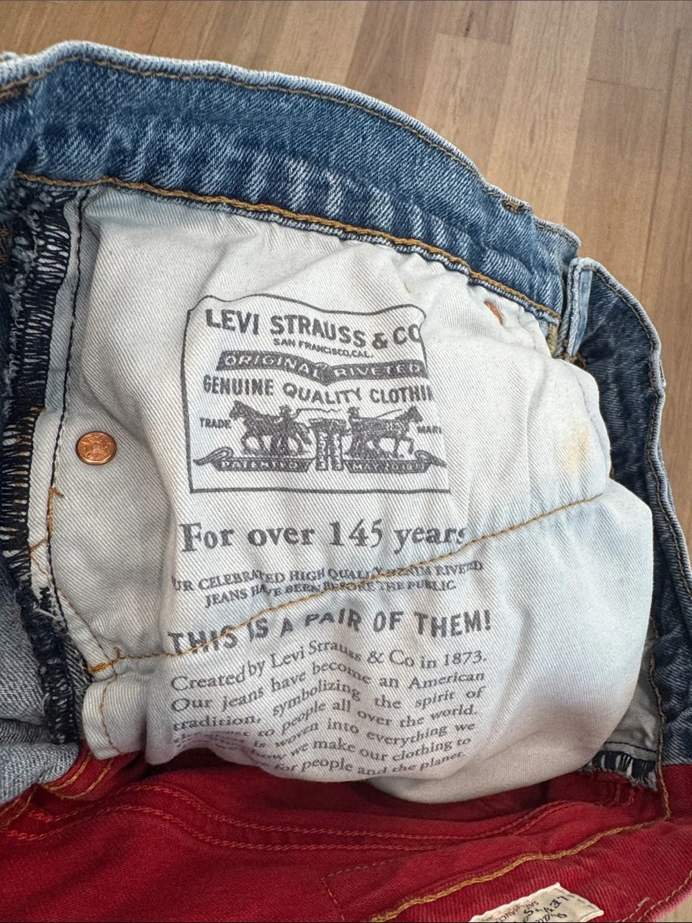 Levi’s 541 Athletic Taper Colorblock Jeans Mens W34 L30 Logo Spellout Red/Denim